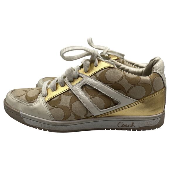 Coach Nova Signature C Monogram Canvas Leather Sneakers Shoes Khaki Gold Sz 7.5M - Picture 2 of 8